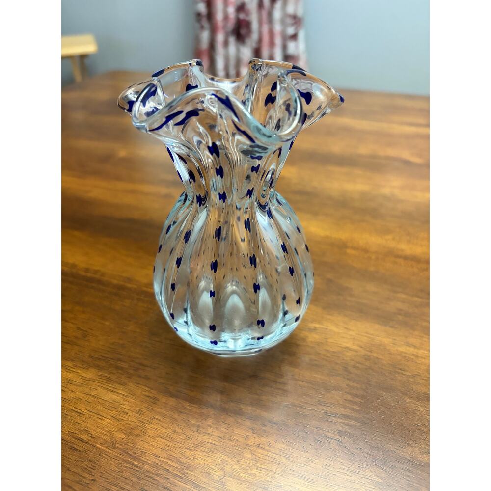 Vase Glass Art Confetti Cobalt Speckled Ruffled Edge